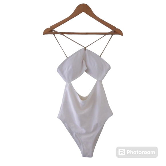 Aerie Jacquard White Keyhole Cutout Bandeau Swimsuit. Size S - Picture 3 of 12